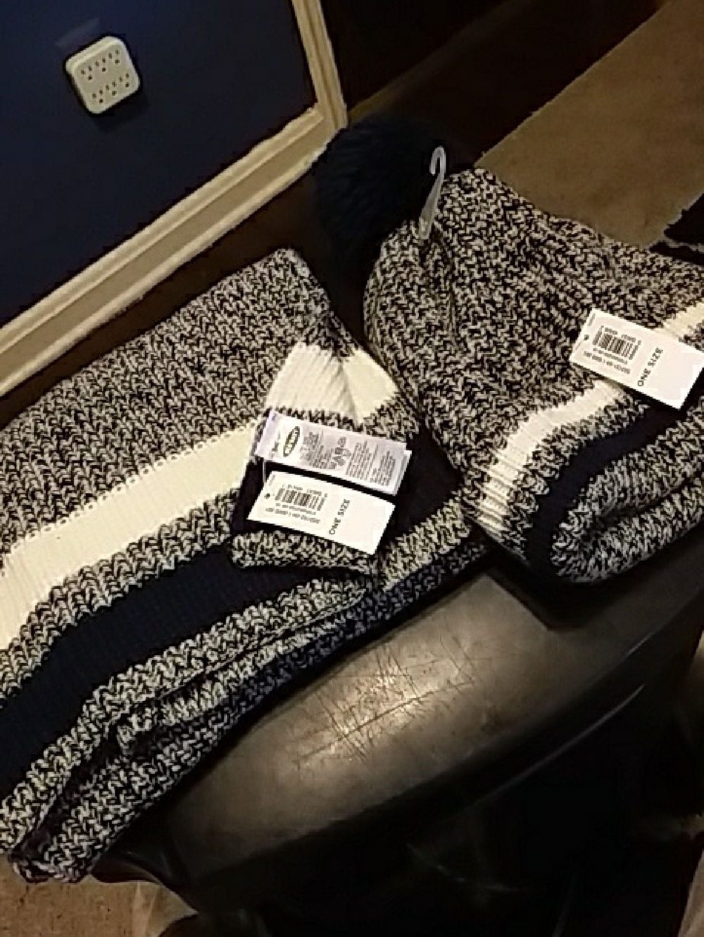 Old Navy Navy, White and Gray Striped Knit Hat with Pom/Scraf